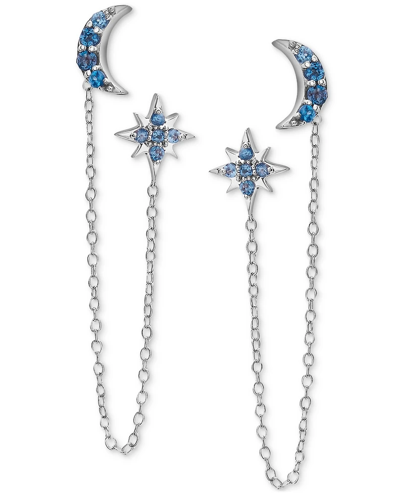 London Blue Topaz (1/2 ct. t.w.) Moon & Star Double Pierced Chain Drop Earrings in Sterling Silver