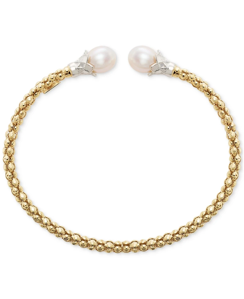 Cultured Freshwater Pearl (7 1/4 - 8mm) Popcorn Link Cuff Bangle Bracelet in 14k Two-Tone Gold-Plated Sterling Silver