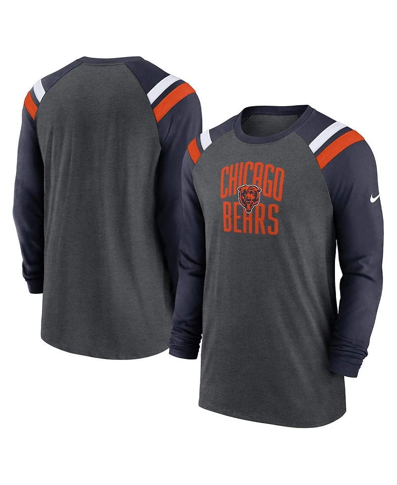 Men's Nike Heathered Charcoal, Navy Chicago Bears Tri-Blend Raglan Athletic Long Sleeve Fashion T-shirt