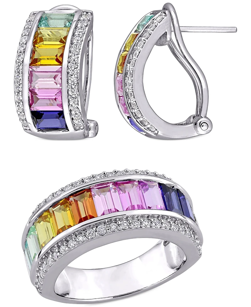 2-Pc. Set Lab-Grown Multi-Sapphire Baguette Ring & Matching Hoop Earrings (8-1/10 ct. t.w.) Sterling Silver