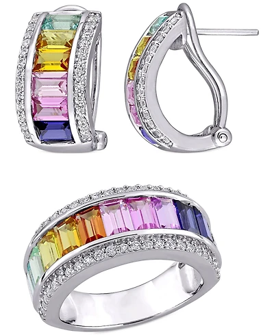 2-Pc. Set Lab-Grown Multi-Sapphire Baguette Ring & Matching Hoop Earrings (8-1/10 ct. t.w.) Sterling Silver