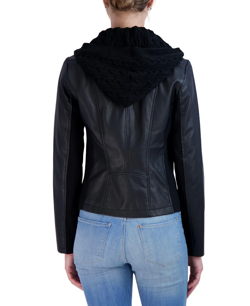 Sebby Collection Women's Hooded Faux Leather Moto Jacket