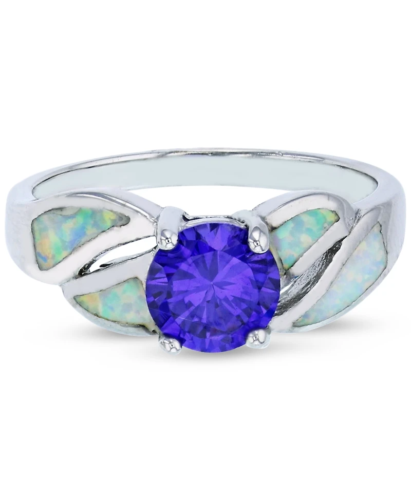 Purple Cubic Zirconia & Lab-Grown Opal Inlay Ring Sterling Silver