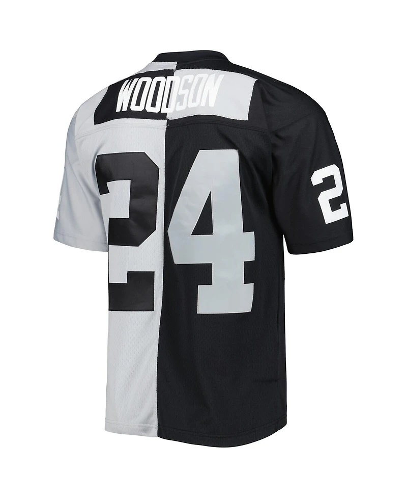 Men's Mitchell & Ness Charles Woodson Black and Silver Las Vegas Raiders 1998 Split Legacy Replica Jersey