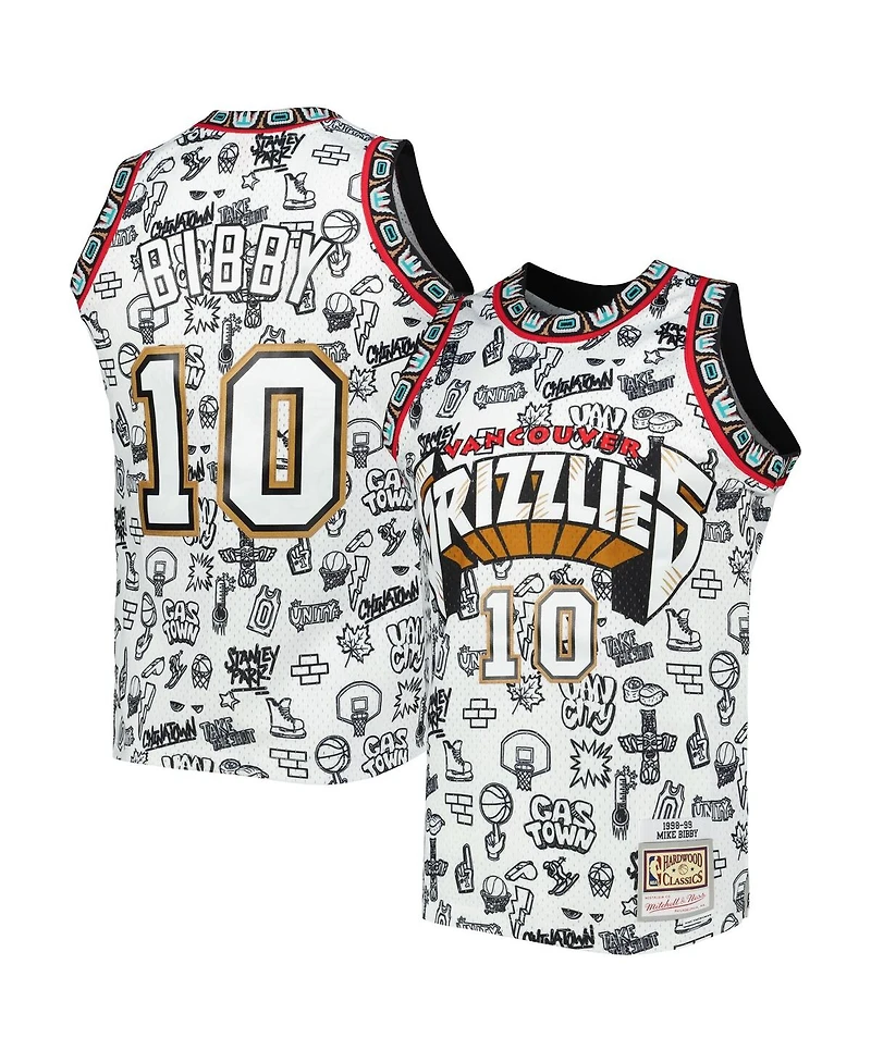 Men's Mitchell & Ness Mike Bibby White Vancouver Grizzlies 1998-99 Hardwood Classics Doodle Swingman Player Jersey