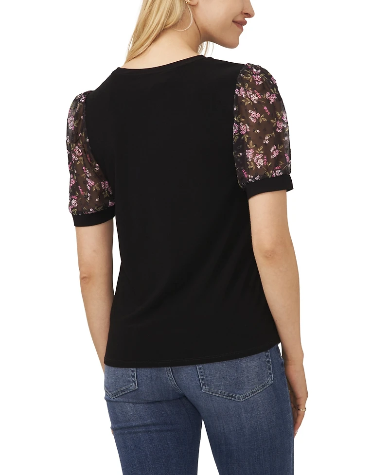 CeCe Women's Mixed Media Puff Sleeve Bouquet Knit Top
