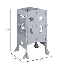 Qaba Wooden Kitchen Step Stool for Kids, Foldable Toddler Tower, Helper Stool for Kitchen Counter with Support Handles Safety Rail, Gray
