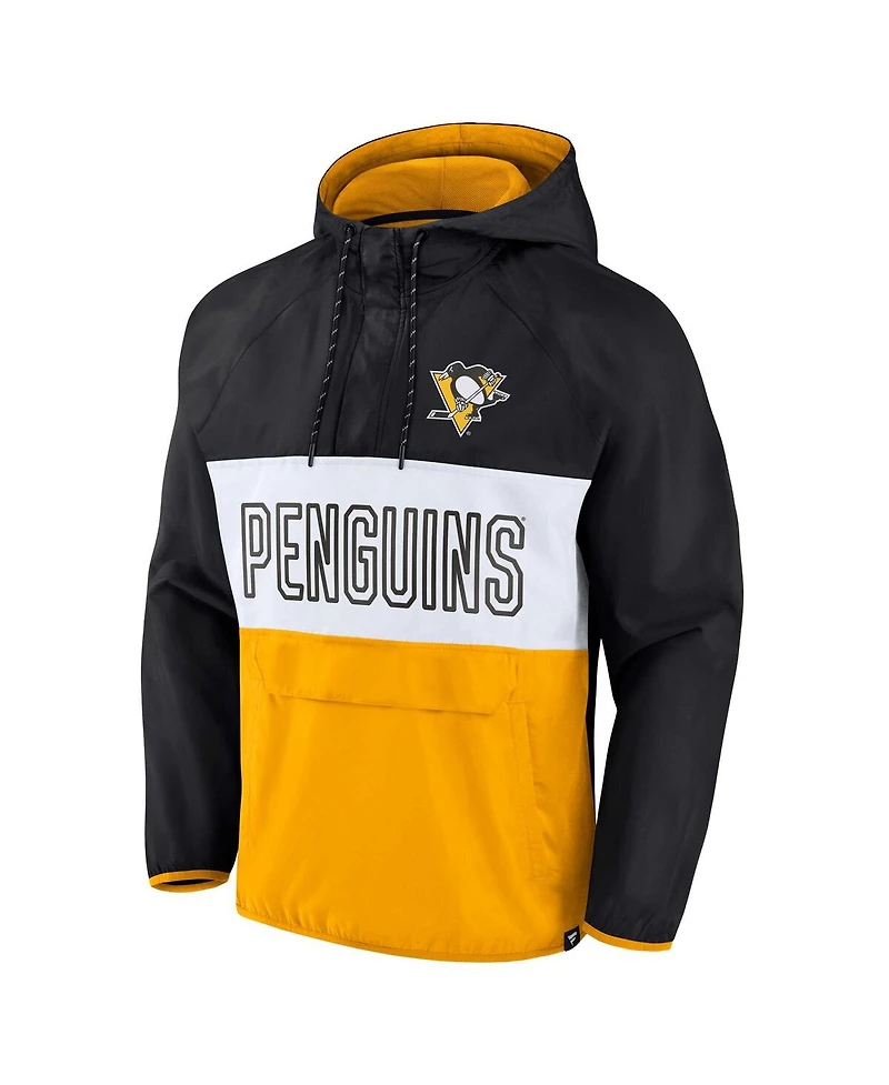 Men's Fanatics Black, Gold Pittsburgh Penguins Backhand Shooter Defender Anorak Raglan Hoodie Quarter-Zip Jacket