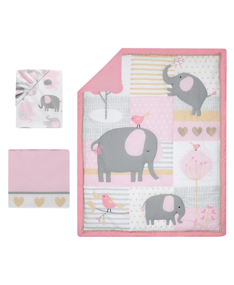 Bedtime Originals Eloise Pink/Gray/Gold/White Elephant 3-Piece Nursery Baby Crib Bedding Set