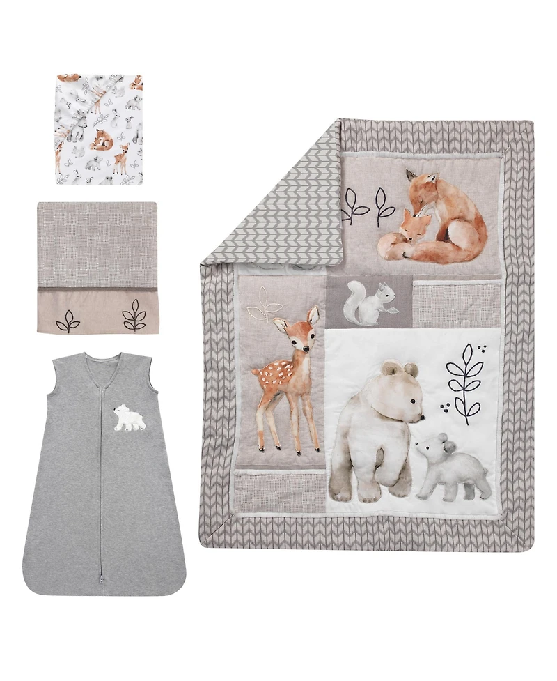 Lambs & Ivy Baby Painted Forest Gray/Beige Woodland Animals 4-Piece Nursery Crib Bedding Set