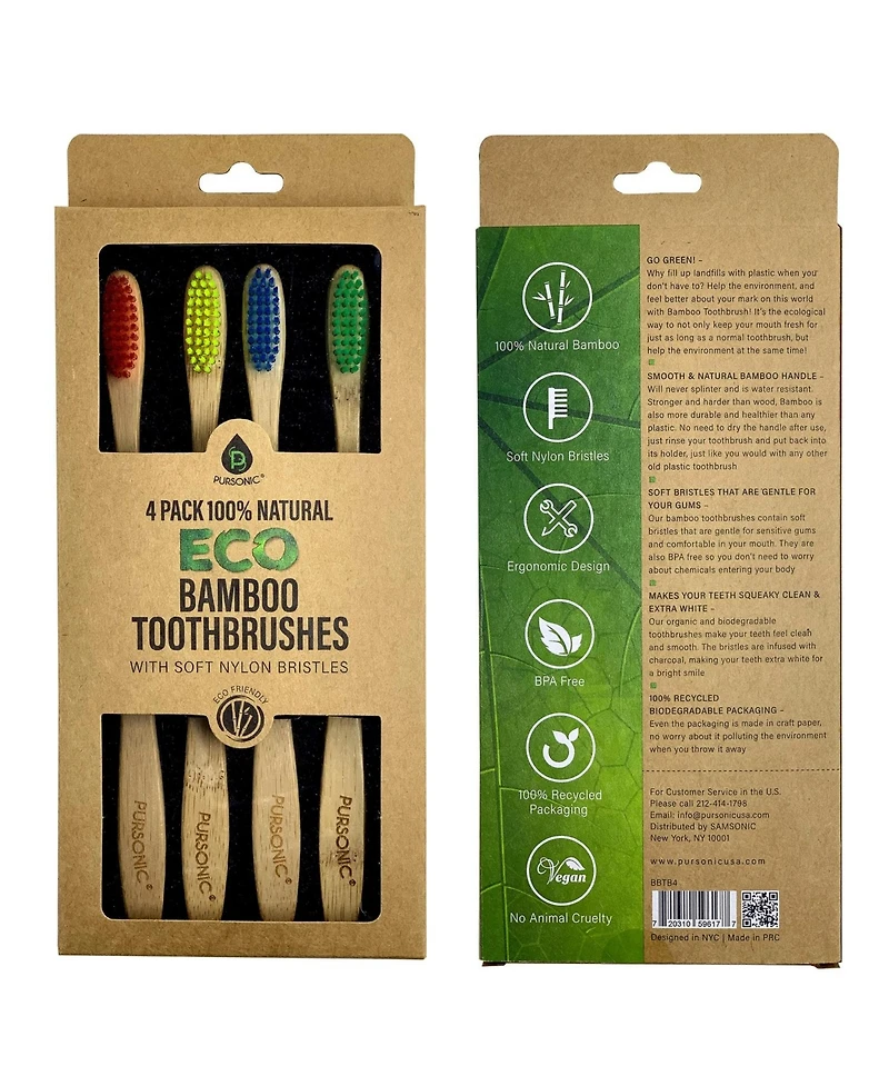 Pursonic 100% Natural Eco Bamboo Toothbrushes (4 pack)