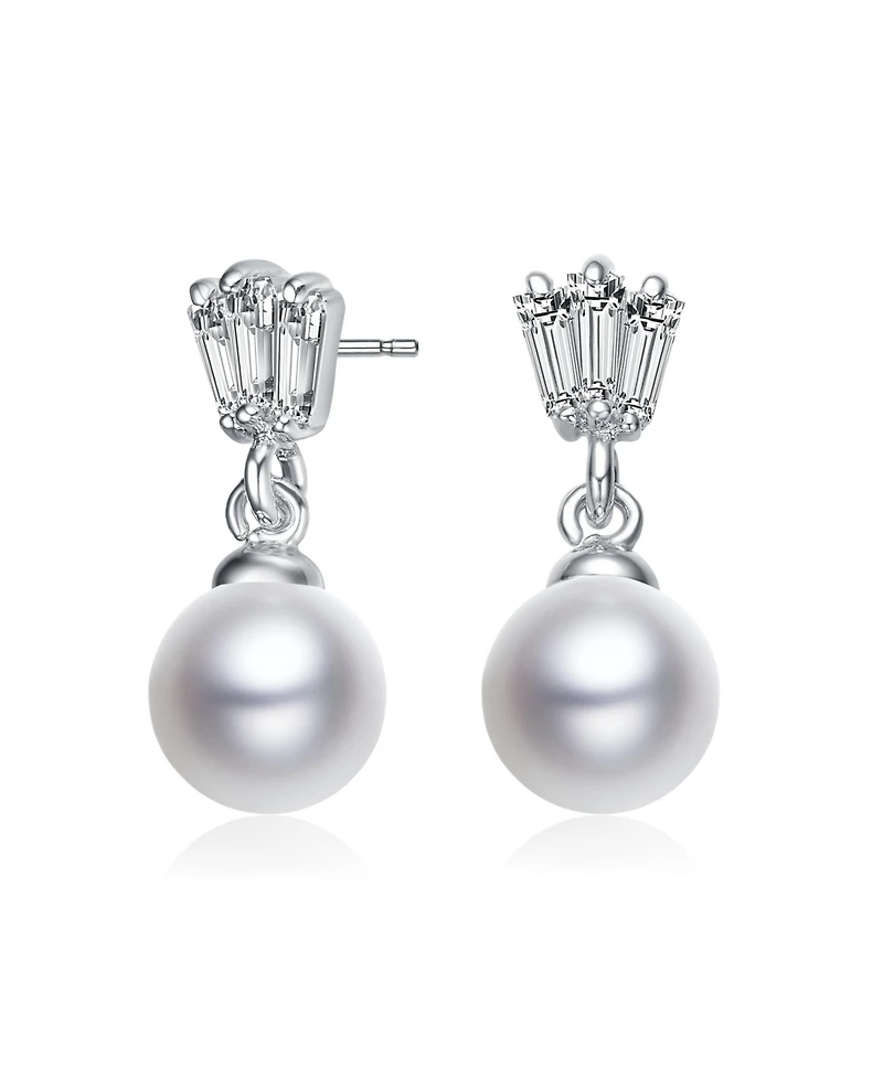 Gv Sterling Silver White Gold Plated White Round Freshwater Pearl with Clear Baguette Cubic Zirconia Drop Earrings