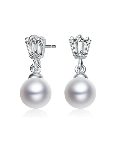 Gv Sterling Silver White Gold Plated White Round Freshwater Pearl with Clear Baguette Cubic Zirconia Drop Earrings