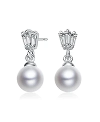 Gv Sterling Silver White Gold Plated White Round Freshwater Pearl with Clear Baguette Cubic Zirconia Drop Earrings