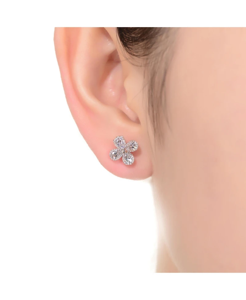 Gv Sterling Silver White Gold Plated Clear Pear and Round Cubic Zirconia Clover Earrings