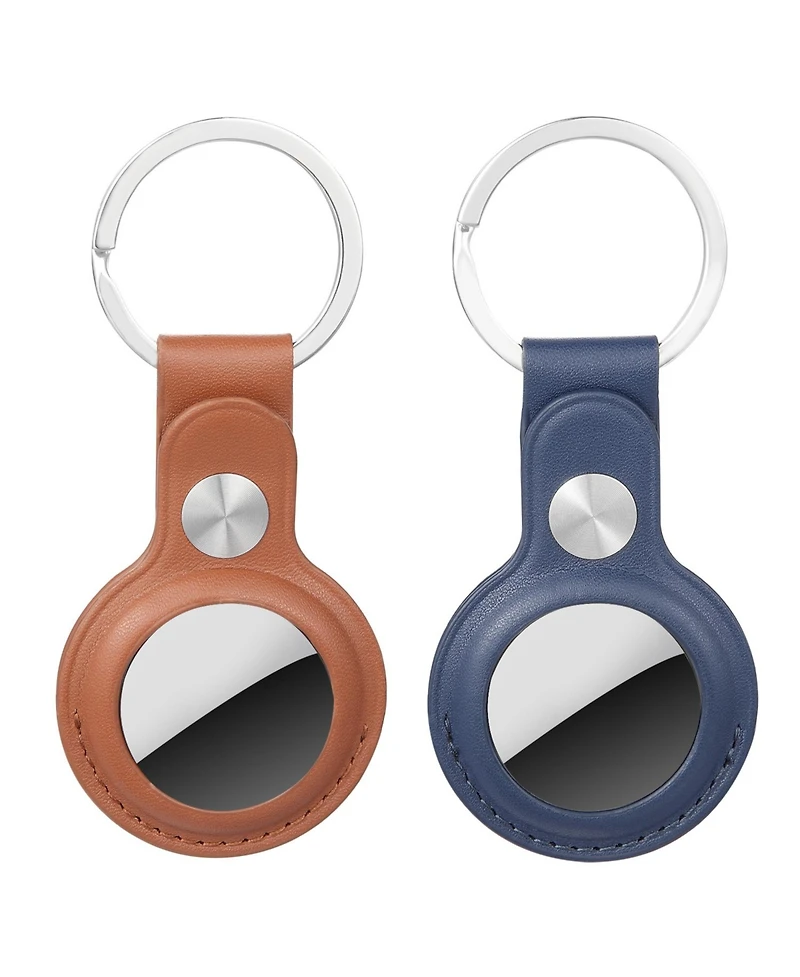 Wasserstein Apple AirTag Holder Pu Leather Keychain - Keyring and Protective Case Cover for Gps Tracker (2 Pack, Blue/Brown)