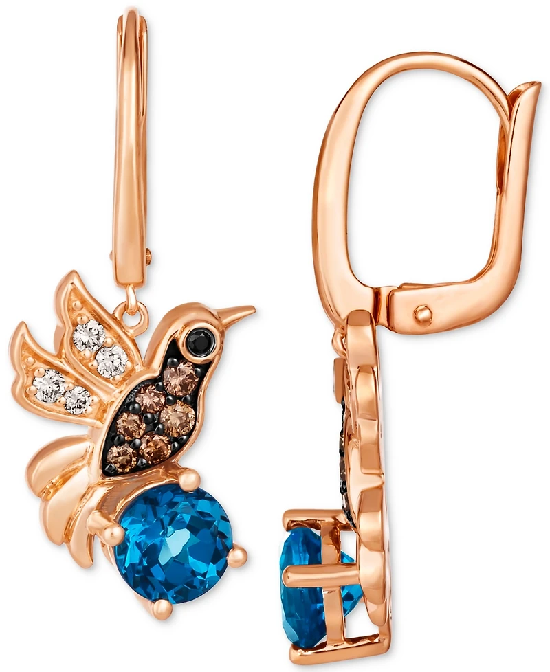 Le Vian Deep Sea Blue Topaz (1-1/2 ct. t.w.) & Diamond (1/3 ct. t.w.) Hummingbird Leverback Drop Earrings in 14k Rose Gold