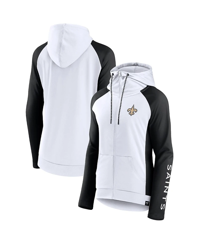 Women's Fanatics White and Black New Orleans Saints End Around Raglan Full-Zip Hoodie