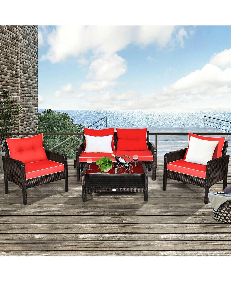 Costway 4PCS Patio Rattan Furniture Set Loveseat Sofa Coffee Table Garden