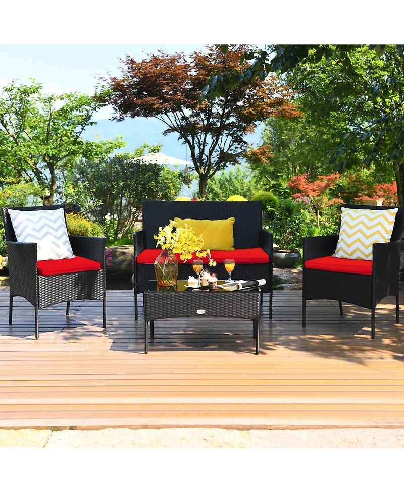 Costway 4 Pcs Outdoor Patio Rattan Furniture Set Table Shelf Sofa