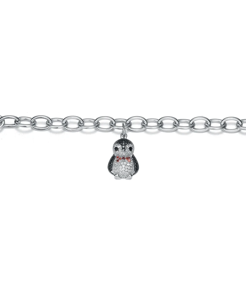 White Gold Plated with Red, Black and White Cubic Zirconia Bird Charm Bracelet in Sterling Silver