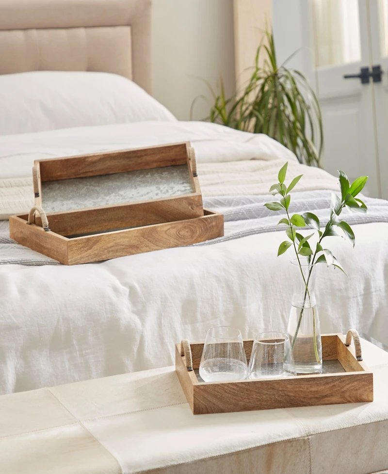 Rosemary Lane Wood Tray with Galvanized Interior, Set of 3, 15", 16", 17" W