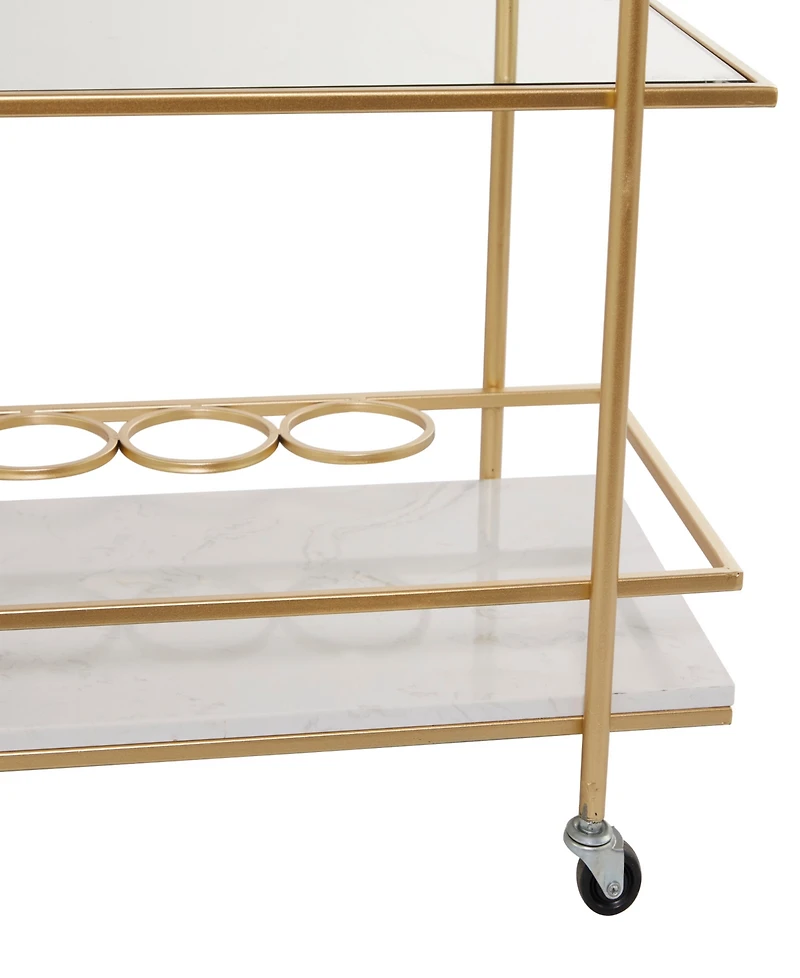 Rosemary Lane 27" x 13" x 33" Marble Rolling 1 Glass and 2 Marble Shelves with Handles Bar Cart