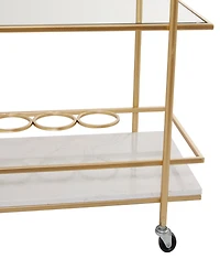 Rosemary Lane 27" x 13" x 33" Marble Rolling 1 Glass and 2 Marble Shelves with Handles Bar Cart