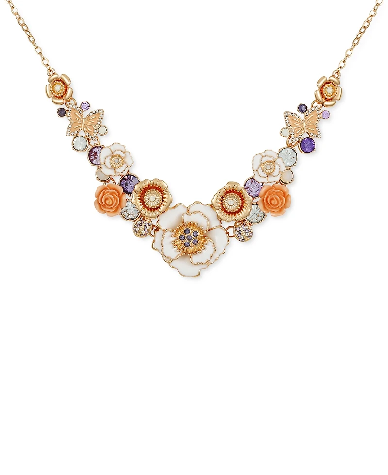 Guess Gold-Tone Mixed Color Stone Flower Statement Necklace, 16" + 2" extender