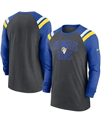 Men's Nike Heathered Charcoal, Royal Los Angeles Rams Tri-Blend Raglan Athletic Long Sleeve Fashion T-shirt
