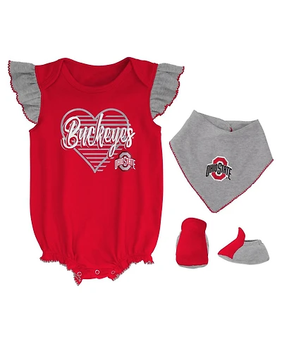 Girls Newborn and Infant Scarlet, Heather Gray Ohio State Buckeyes All The Love Bodysuit Bib and Booties Set
