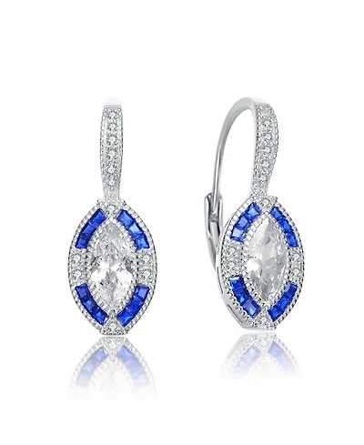 Sterling Silver with White Gold Plated and Blue Cubic Zirconia Leverback Earrings
