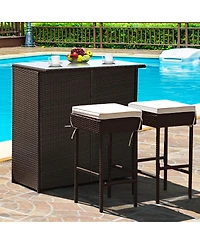 Costway 3PCS Patio Rattan Wicker Bar Table Stools Dining Set Cushioned
