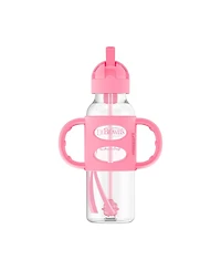 Dr. Browns Narrow Sippy Straw Bottle with 100% Silicone Handles, 8oz, Pink