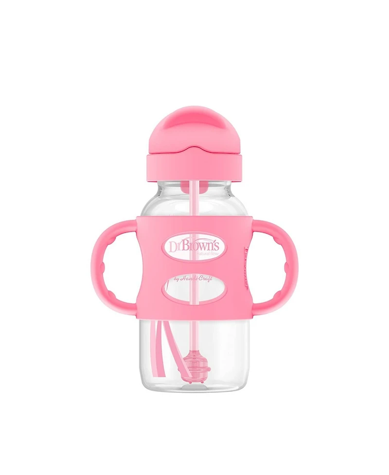 Dr. Browns Baby Wide-Neck Sippy Straw Bottle with 100% Silicone Handles, 9oz, Pink