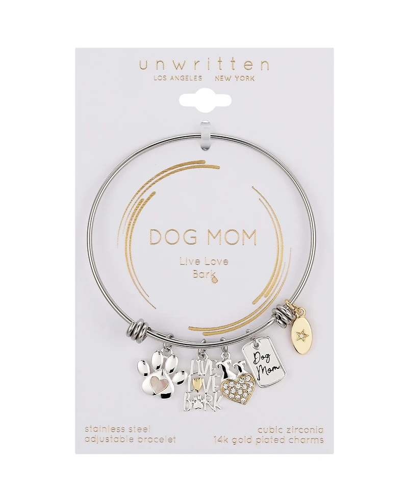 Unwritten 14K Gold Two Tone Flash-Plated Crystal Live Love Bark Dog Mom Multi Charm Bangle Bracelet