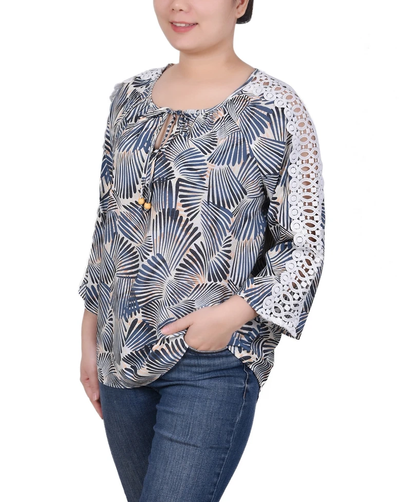 Ny Collection Petite Crochet Detail 3/4 Sleeve Blouse