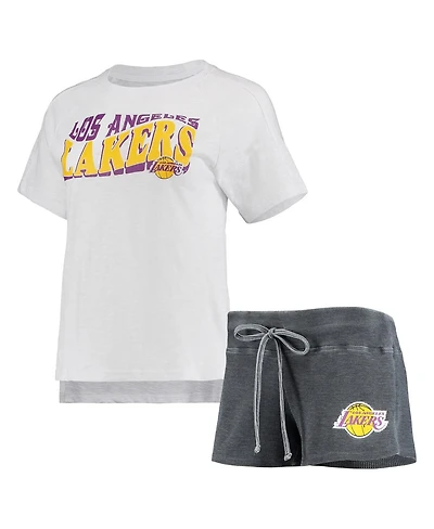 Women's Concepts Sport Charcoal, White Los Angeles Lakers Resurgence Slub Burnout Raglan T-shirt and Shorts Sleep Set