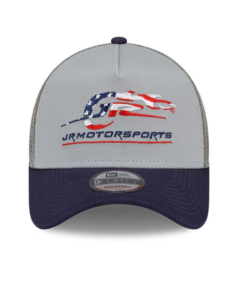 Men's New Era Gray, Navy Jr Motorsports 9FORTY A-Frame Trucker Snapback Adjustable Hat