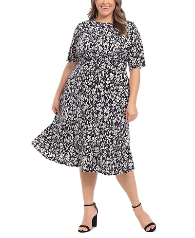 London Times Plus Floral-Print Short-Sleeve Midi Dress
