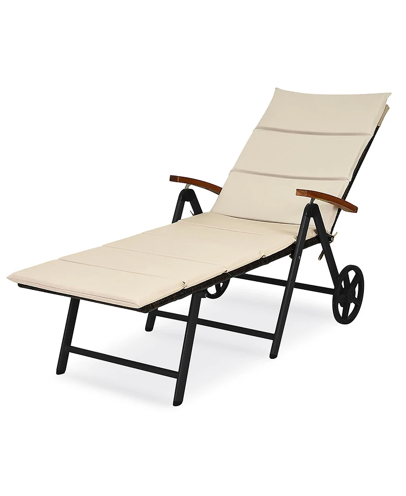 Costway Folding Patio Rattan Lounge Chair Chaise Cushioned Aluminum Adjust Wheel