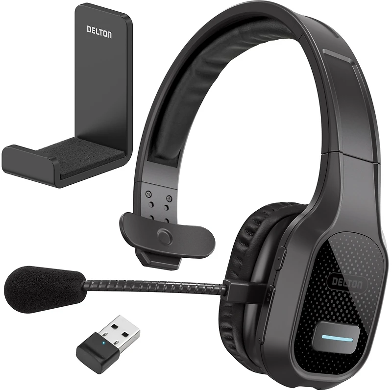 Delton Wireless Computer Headset with Usb Dongle and Headset Hook, Trucker Bluetooth Headset with Noise Canceling Microphone, 35Hrs talk time, Headset