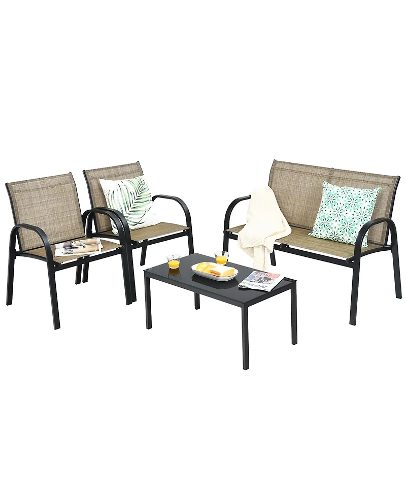 4 Pcs Patio Furniture Set Sofa Coffee Table Steel Frame Garden