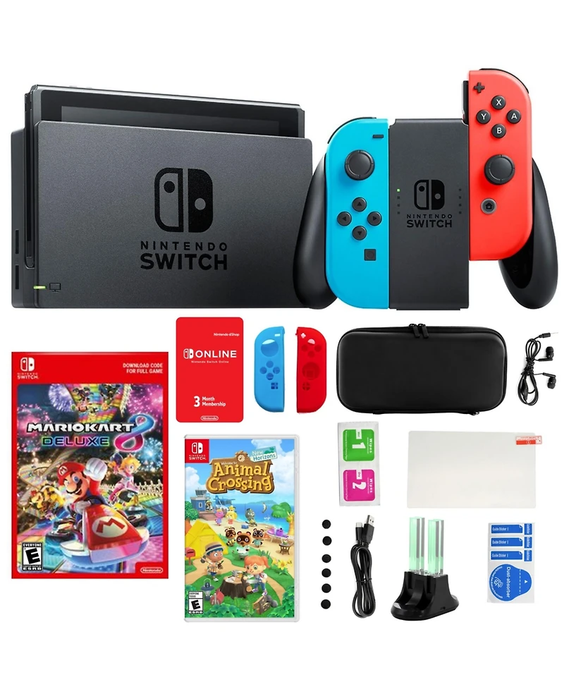Nintendo Switch Neon Mario Kart 8 Bundle with Animal Crossing & Accessories