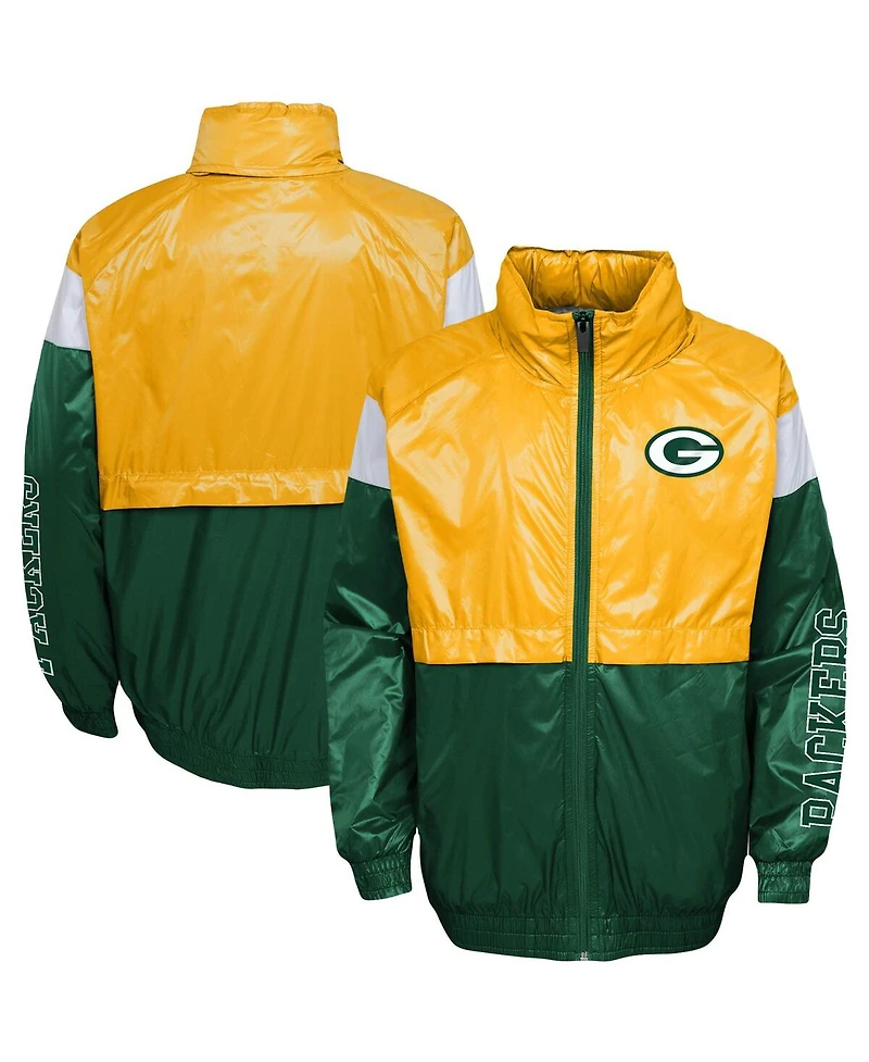 Big Boys and Girls Gold, Green Green Bay Packers Goal Line Stance Full-Zip Hoodie Windbreaker
