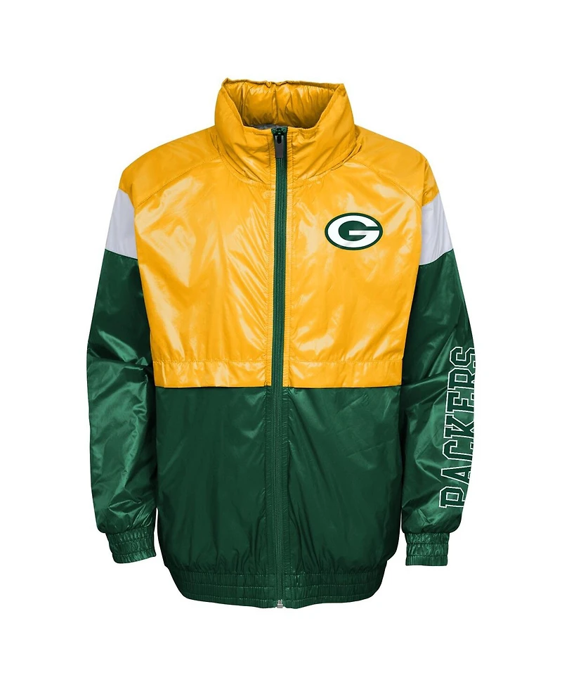 Big Boys and Girls Gold, Green Green Bay Packers Goal Line Stance Full-Zip Hoodie Windbreaker