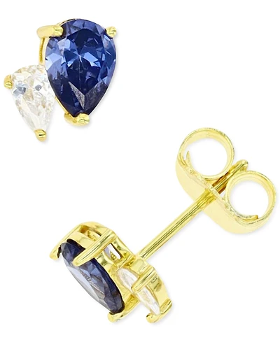 Blue and White Cubic Zirconia Stud Earrings Sterling Silver or 14k Gold over
