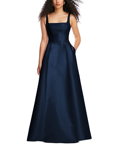 Alfred Sung Plus Boned Corset Closed-Back Satin Gown with Full Skirt and Pockets