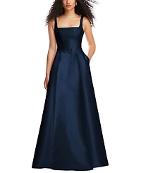 Alfred Sung Plus Size Boned Corset Closed-Back Satin Gown with Full Skirt and Pockets