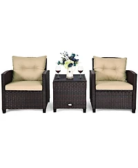 3PCS Patio Rattan Furniture Set Cushioned Sofa Coffee Table Garden